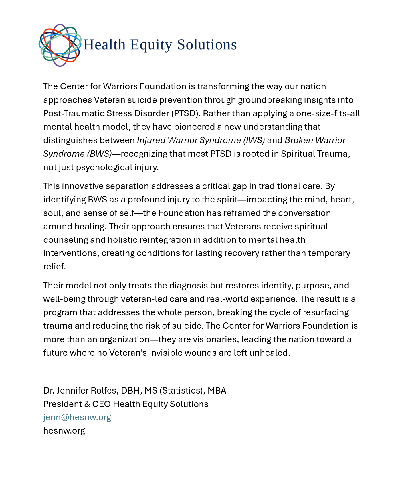 Testimonial from Dr. Jennifer Rolfes, DBH, MS (Statistics), MBA, President & CEO Health Equity Solutions