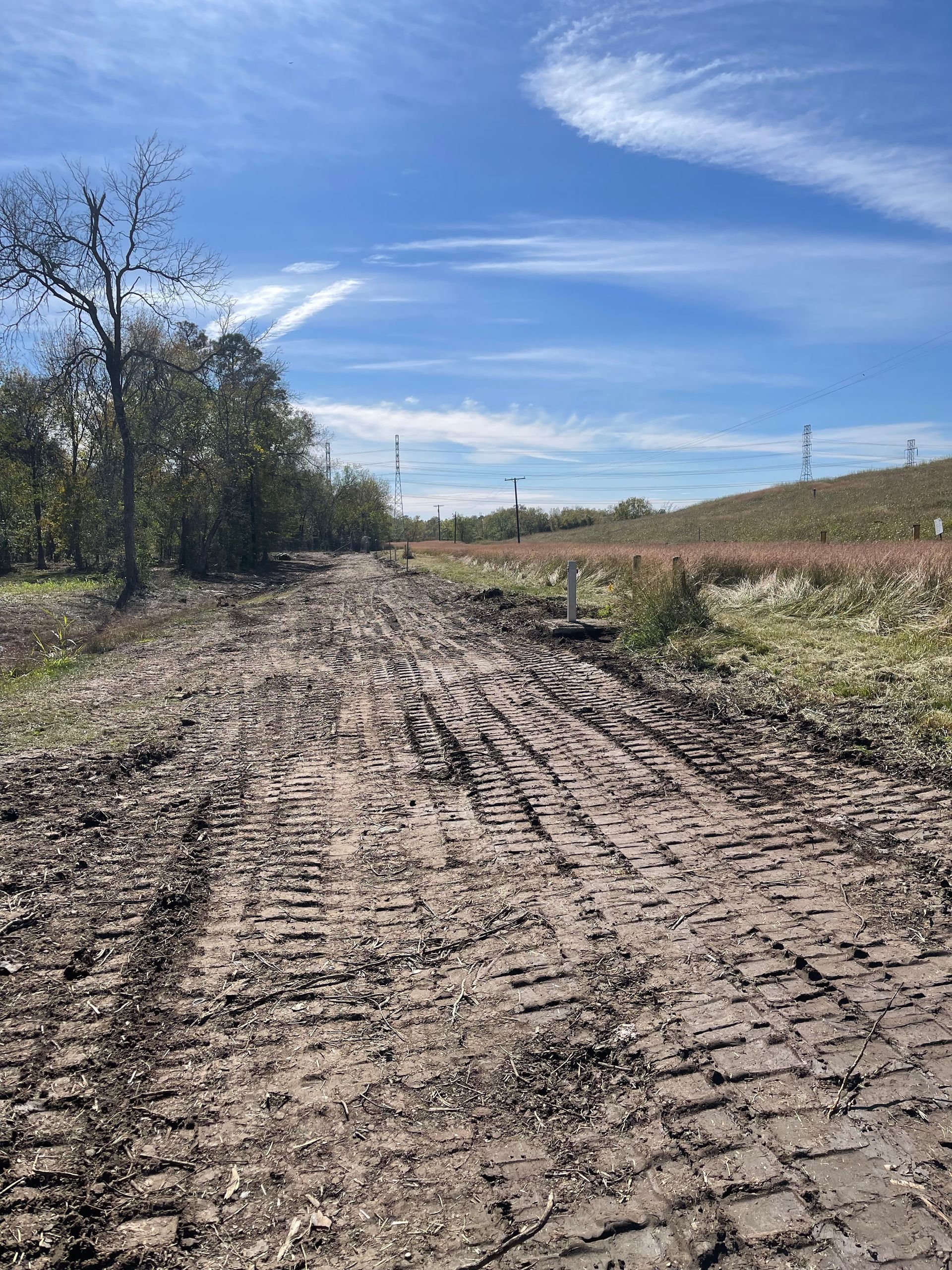 Muddy dirt road through field under blue sky with scattered clouds.