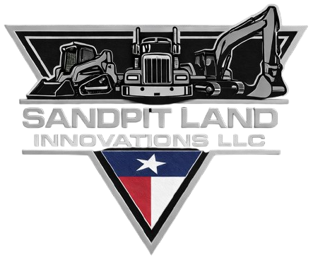 Logo for Sandpit Land Innovations LLC, featuring construction vehicles and a Texas flag.