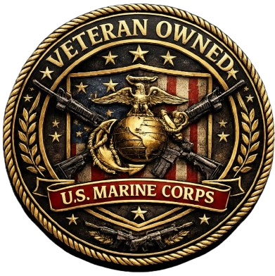 Veteran-owned U.S. Marine Corps coin with the emblem and rifles, over an American flag background.