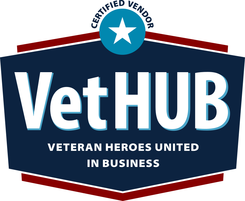 VetHUB Certified Vendor logo: Blue and red shield with star, text 