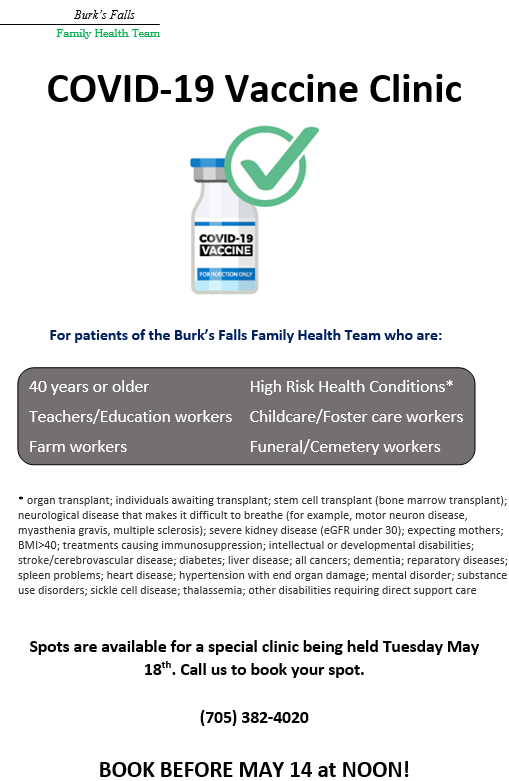 Burk's Falls Family Health Team Vaccine Clinic Appointments Burk's Falls Family Health Team Vaccine Clinic Appointments