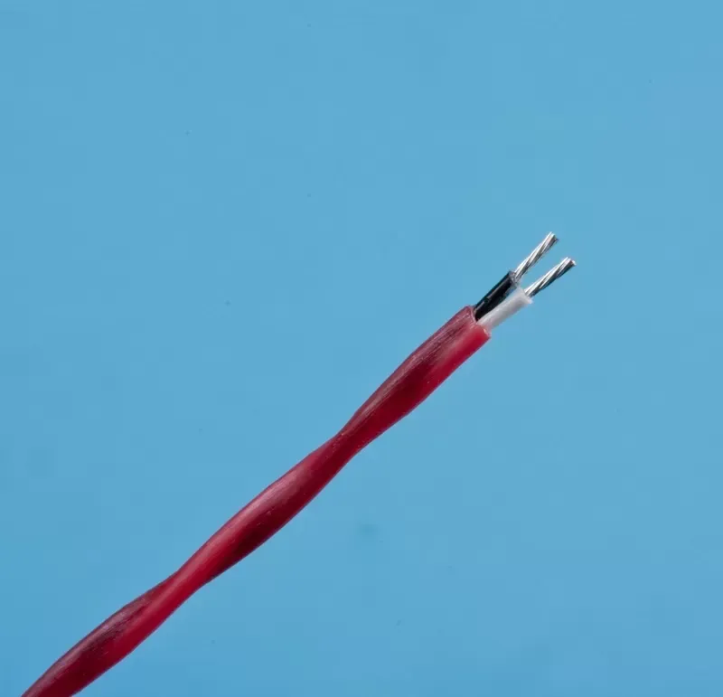 A red-insulated electrical wire with two exposed, silver-colored wire leads against a solid light blue background.