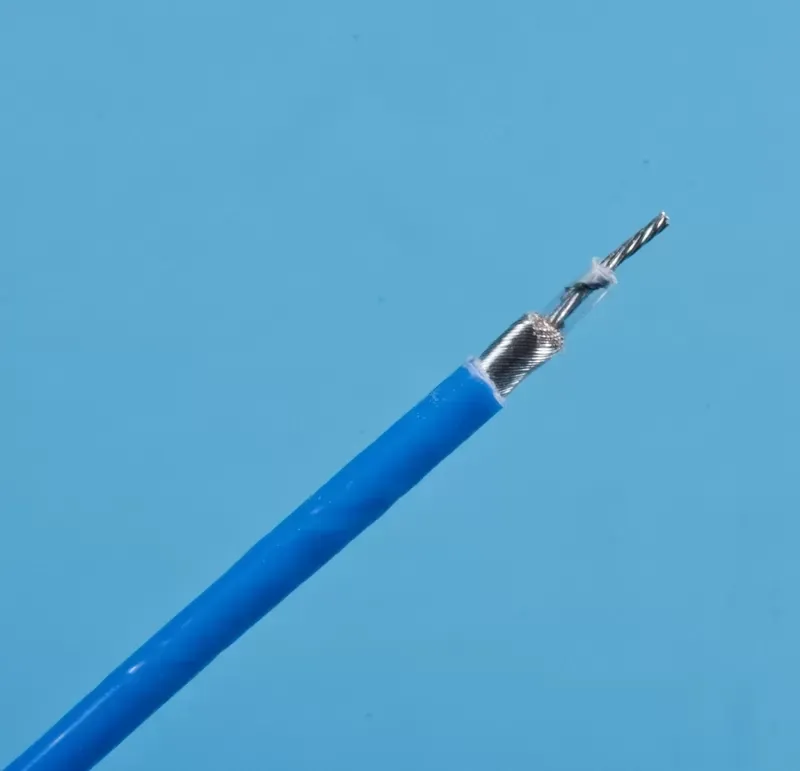 A blue, insulated electrical wire with its end stripped, revealing a metallic braided shield and a twisted silver conductor.