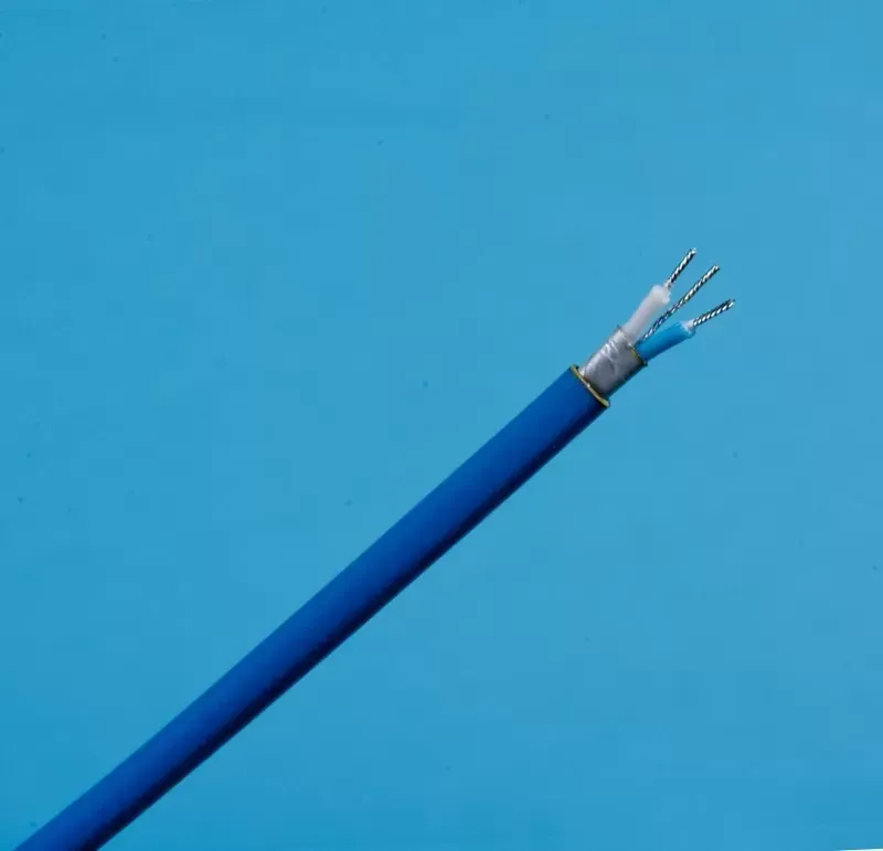 A blue, insulated electrical cable showing two inner wires—one white and one blue—with exposed metal tips.