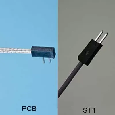 A side-by-side comparison of a PCB component with a side-facing connector and an ST1 cable with a two-pin plug.