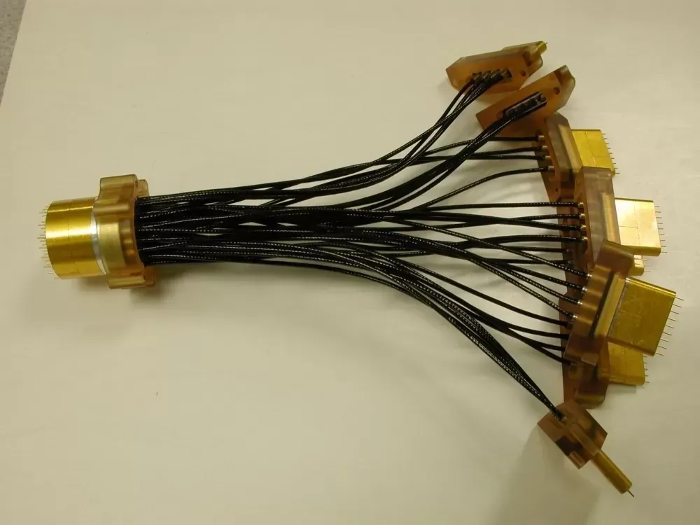 A gold-colored circular connector wired to several smaller gold electrical connectors via black cables on a white surface.