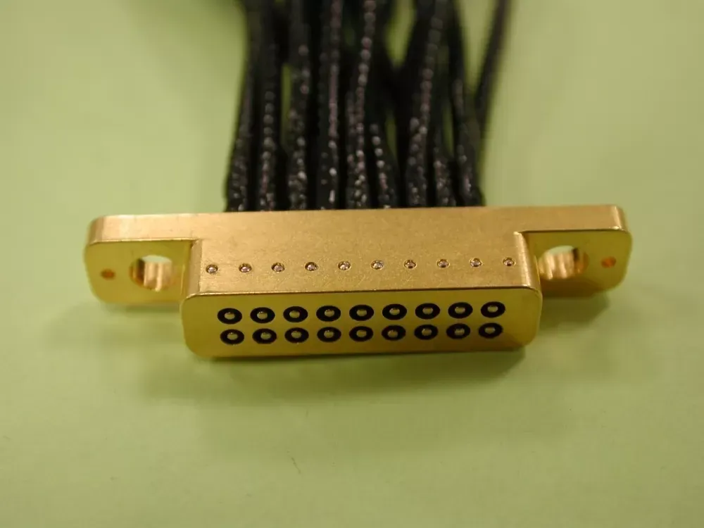 A gold-colored, rectangular 24-pin Micro-D connector with black wires attached to the back, set against a light green background.