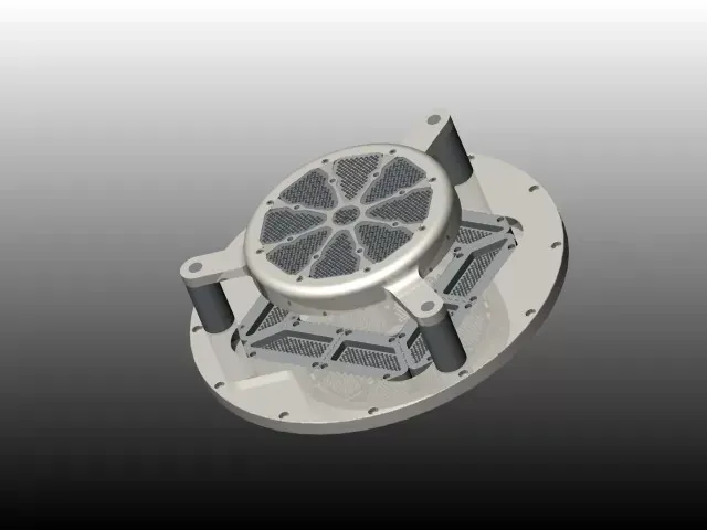 A 3D render of a mechanical component featuring a circular, segmented grid structure supported by three vertical pillars.
