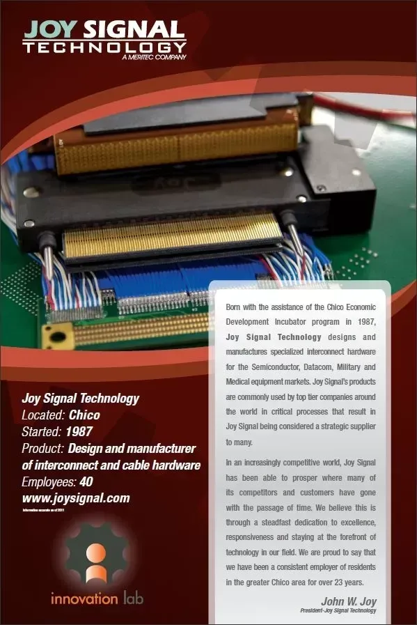 A Joy Signal Technology marketing flyer featuring a cable assembly on a circuit board and company details with text.