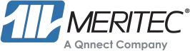 Logo for Meritec, a Qnnect Company, featuring a blue square icon with three slanted bars next to the company name.