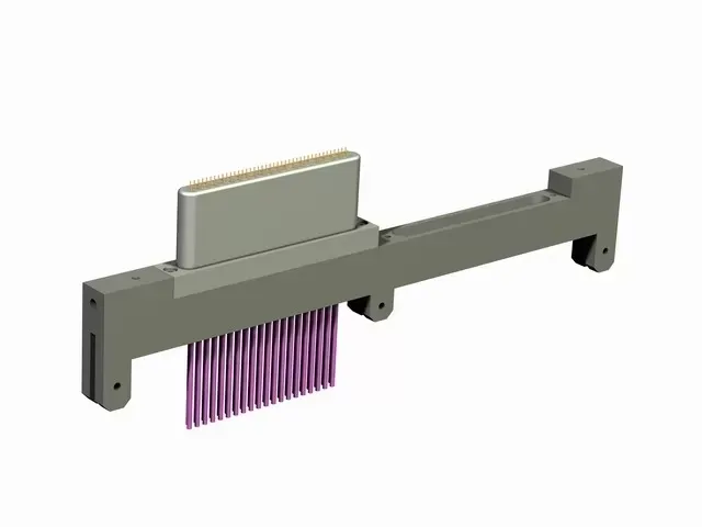 A technical rendering of an automated laboratory pipette head with a light grey frame and a row of purple pipette tips.