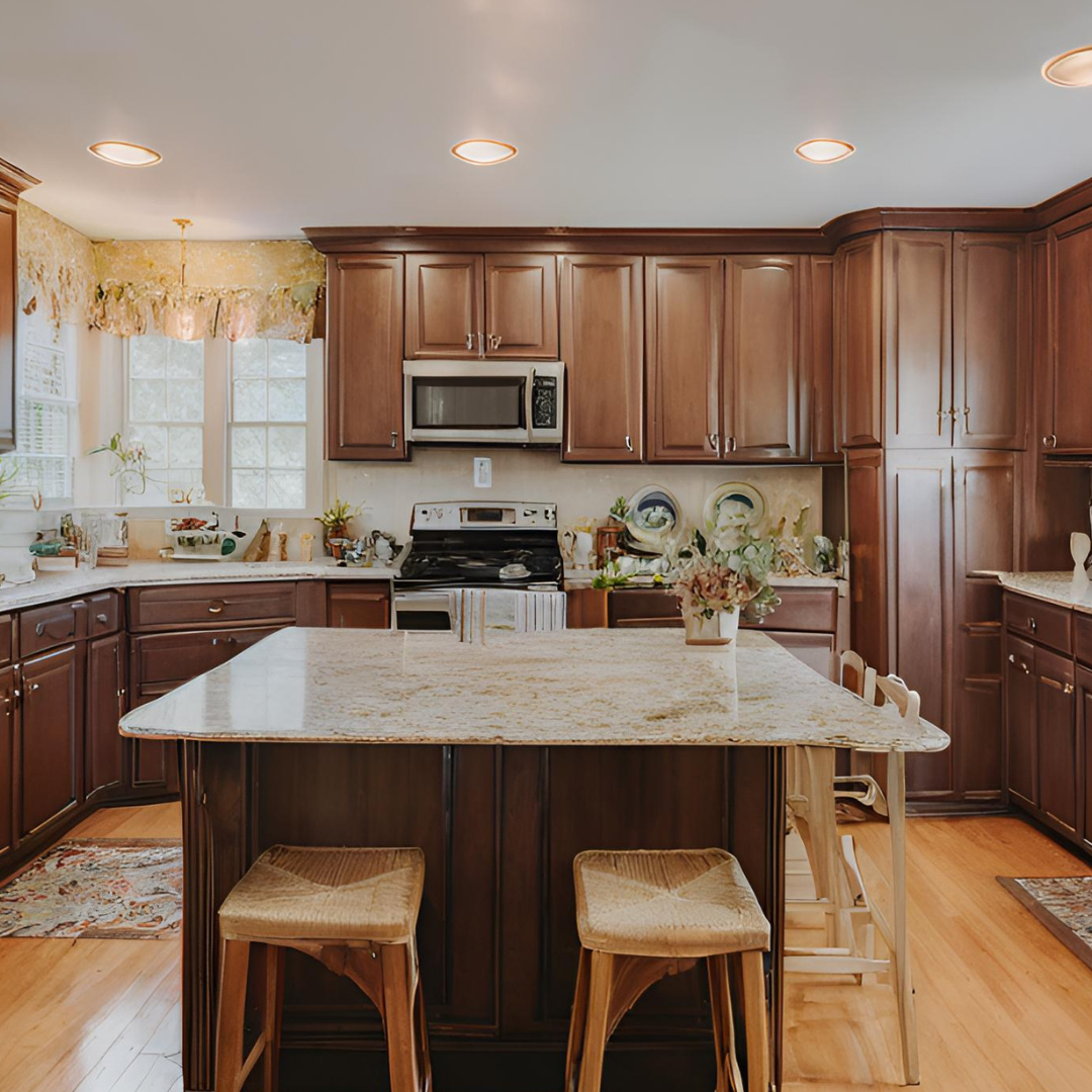 A kitchen with wooden cabinets and a granite counter top