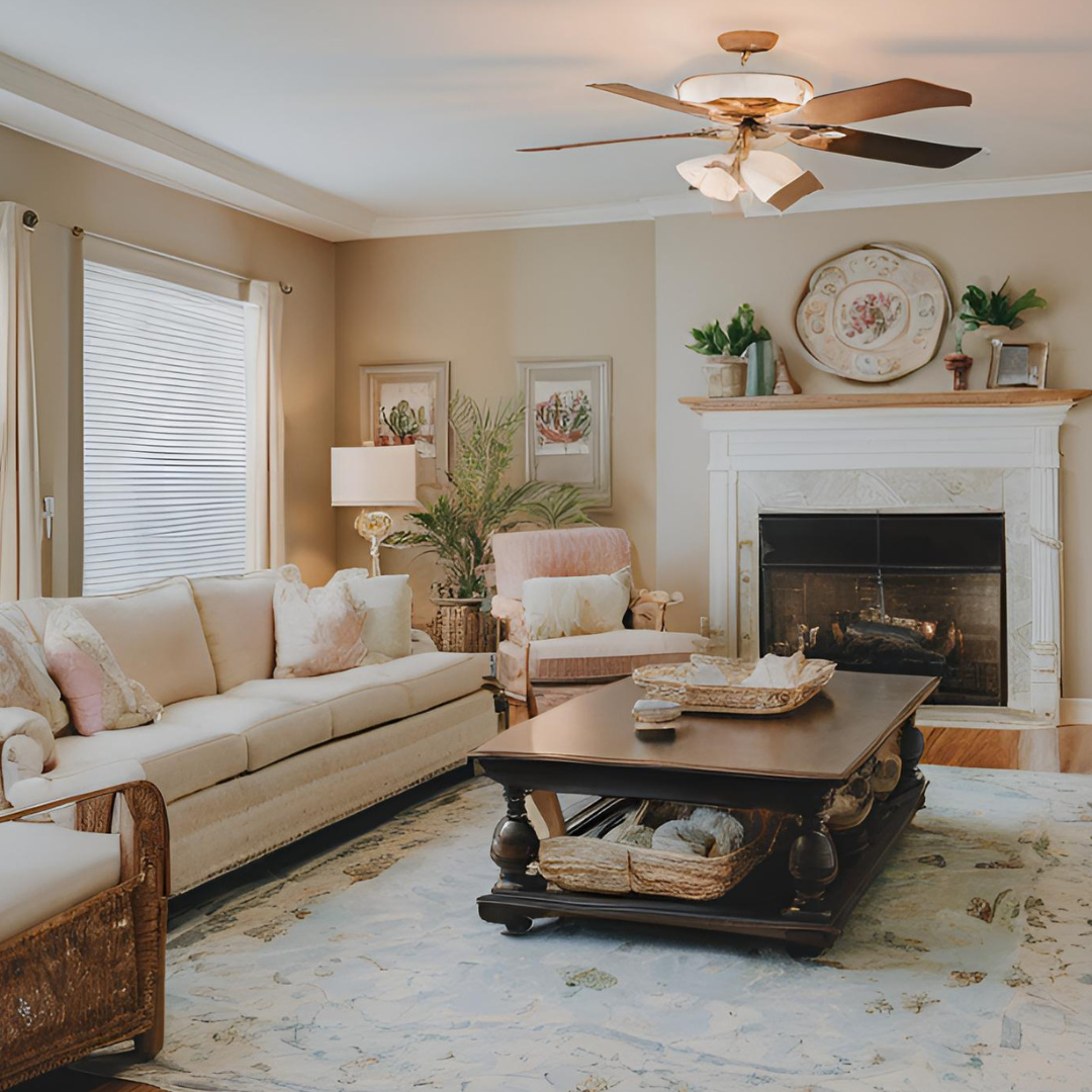 A living room with a couch , chairs , coffee table and fireplace.