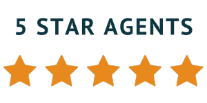 A logo for five star agents with four stars on a white background.