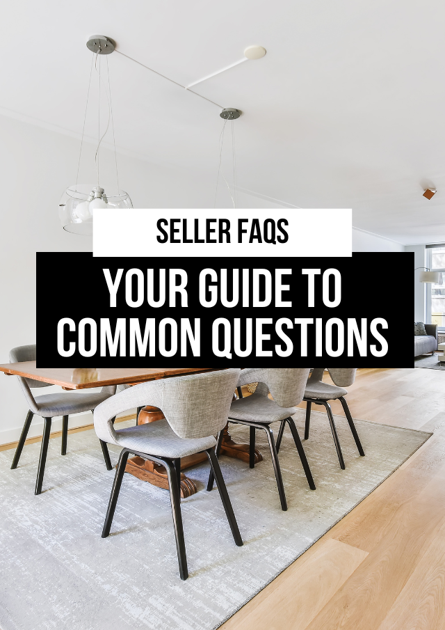 A dining room with a table and chairs and the words `` seller faqs your guide to common questions ''