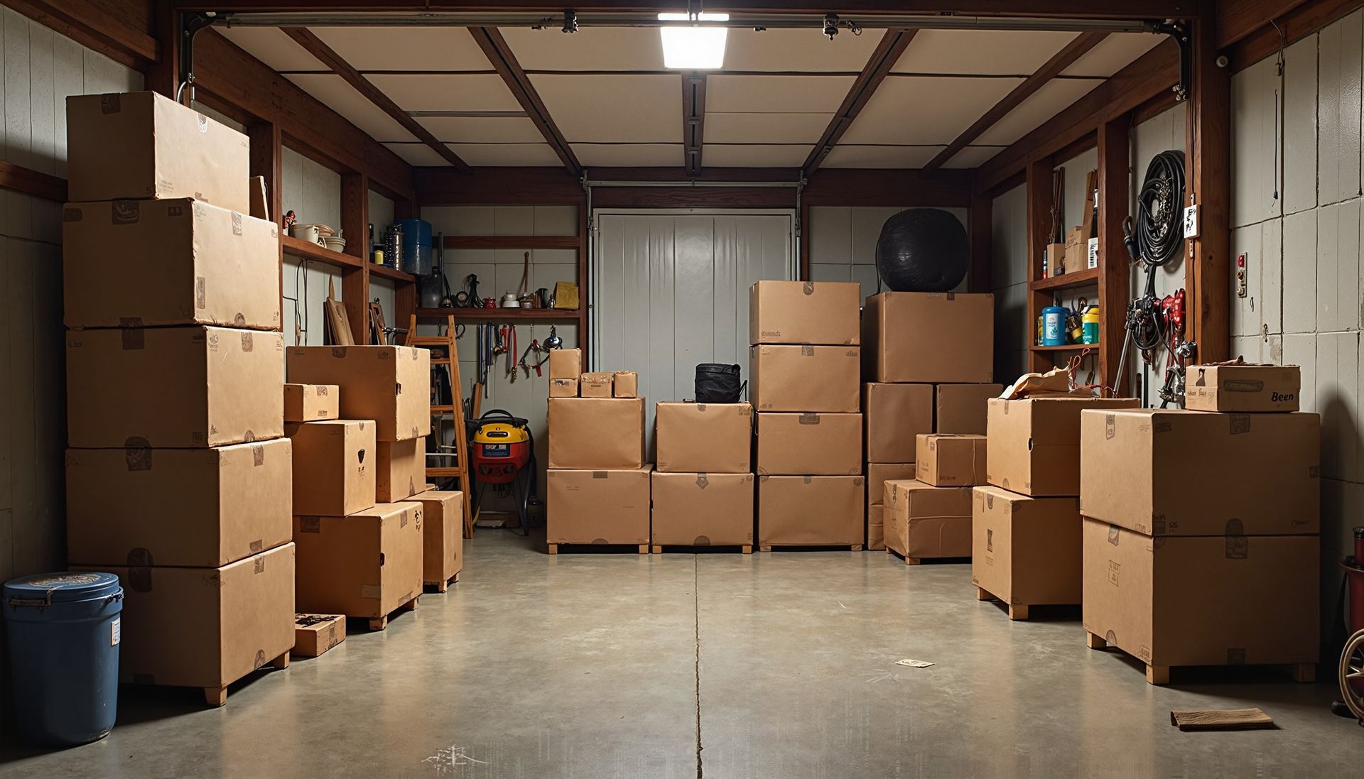 A garage filled with lots of cardboard boxes and pallets.