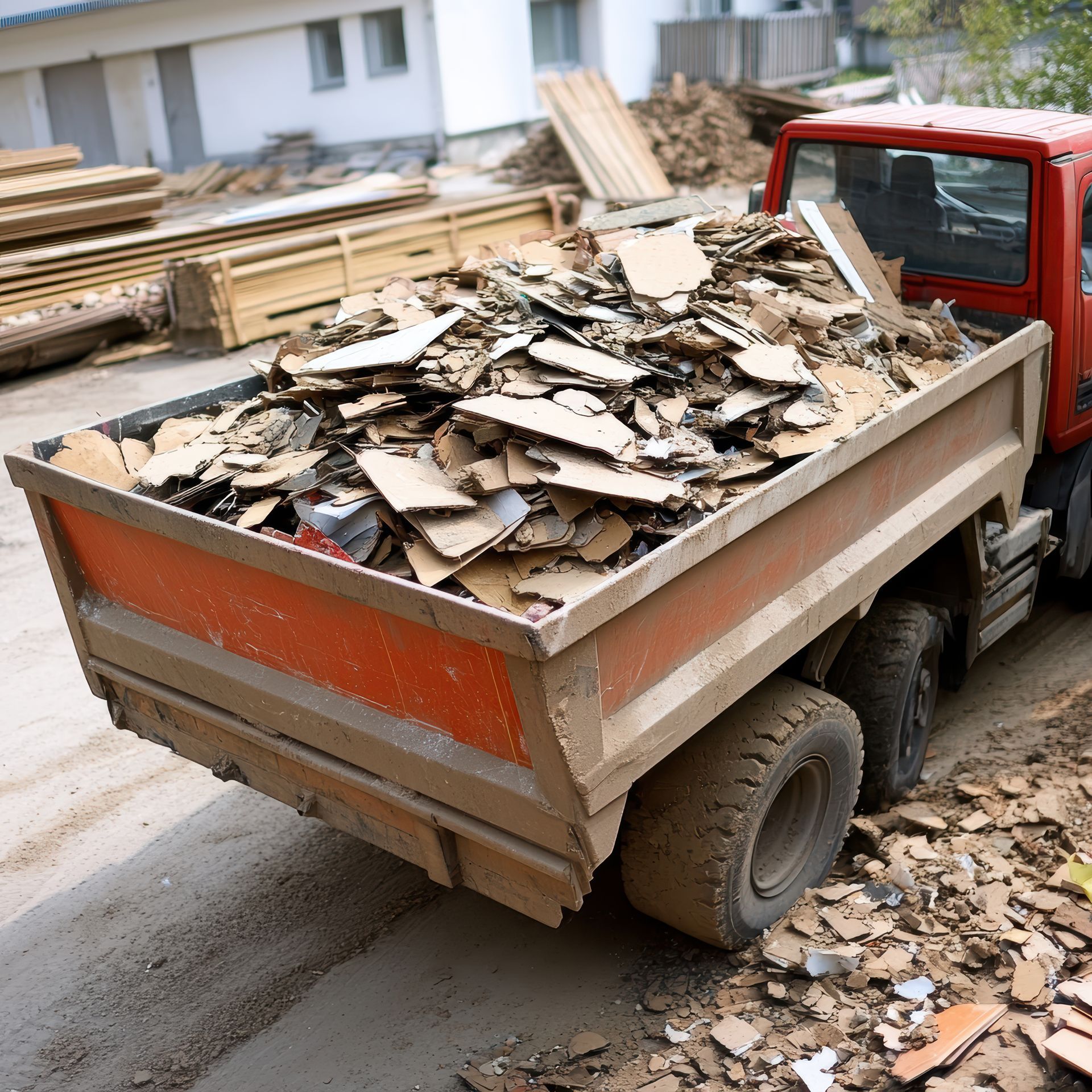A red dump truck is full of cardboard pieces