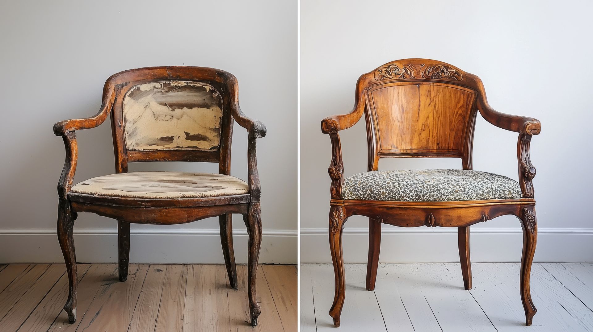Two pictures of a chair before and after being restored.
