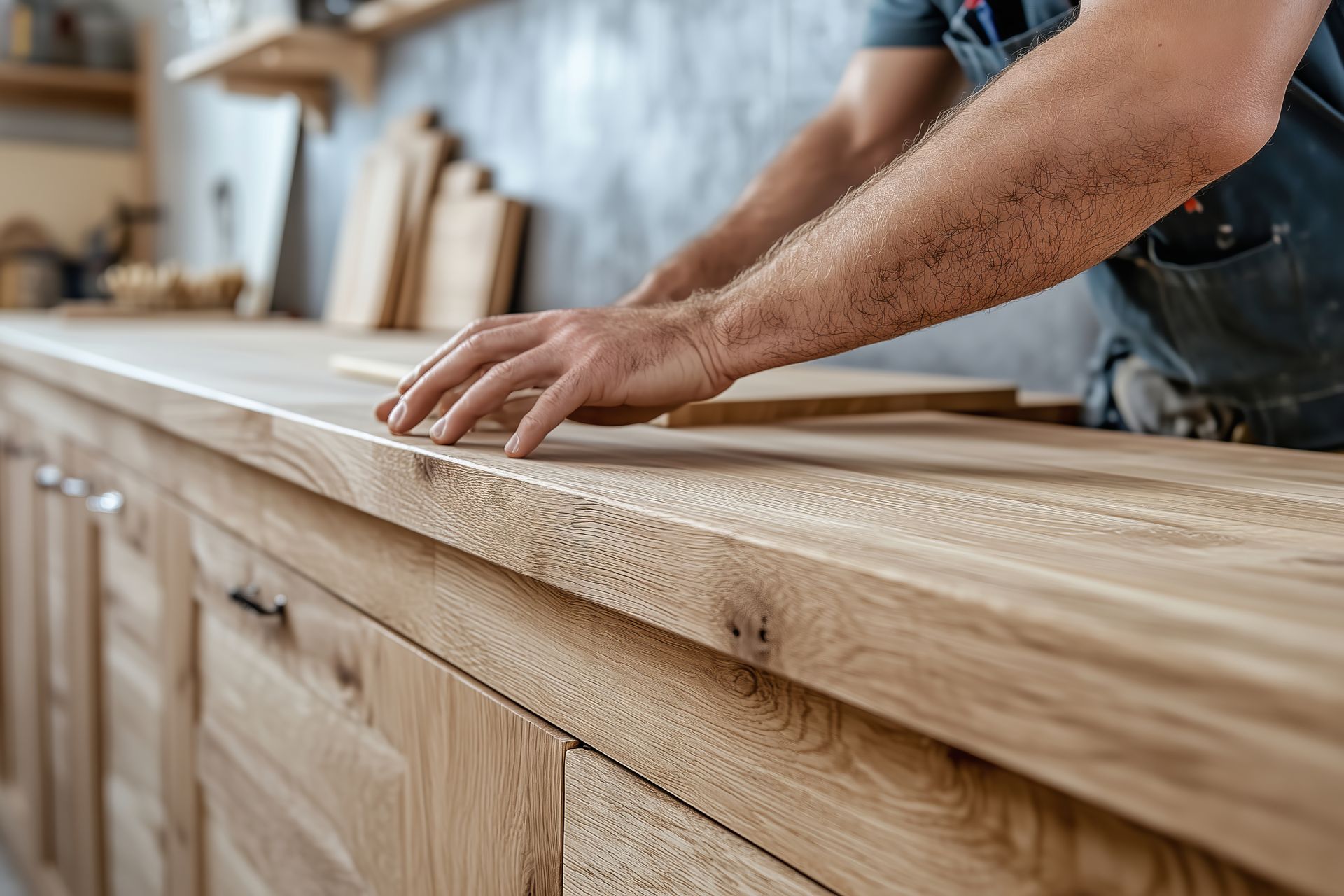 A man is working on a wooden counter top in a kitchen.