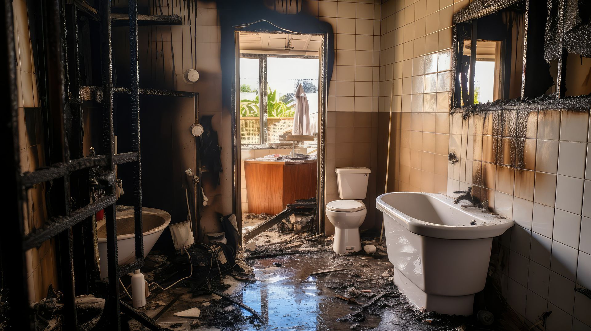 A bathroom with a bathtub , toilet , sink and mirror.
