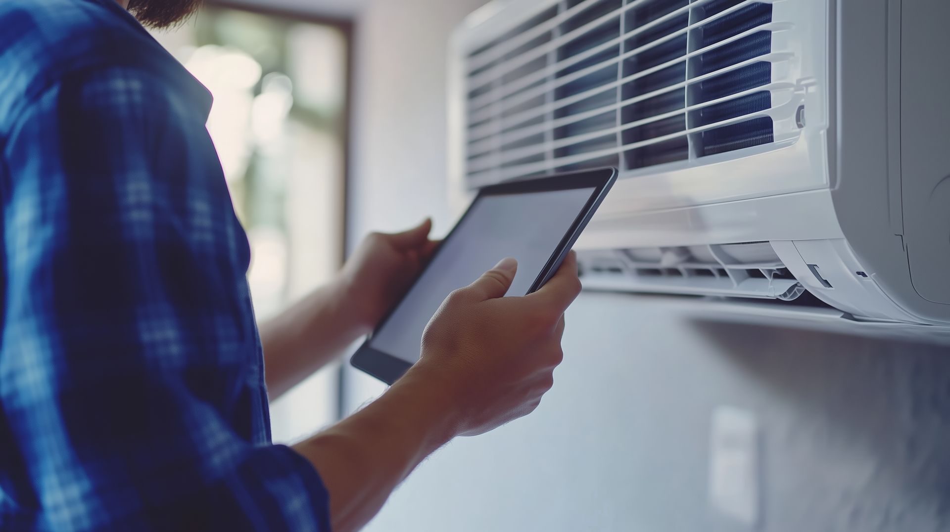 A man is using a tablet to check the air conditioner.
