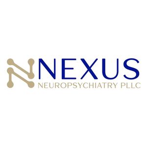 Logo for Nexus Neuropsychiatry PLLC, featuring two interconnected gold-colored shapes next to the word 