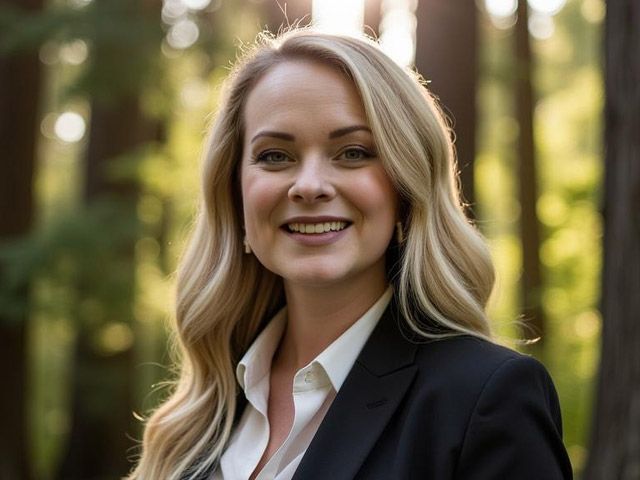 A woman in a suit and white shirt is smiling in front of a forest.