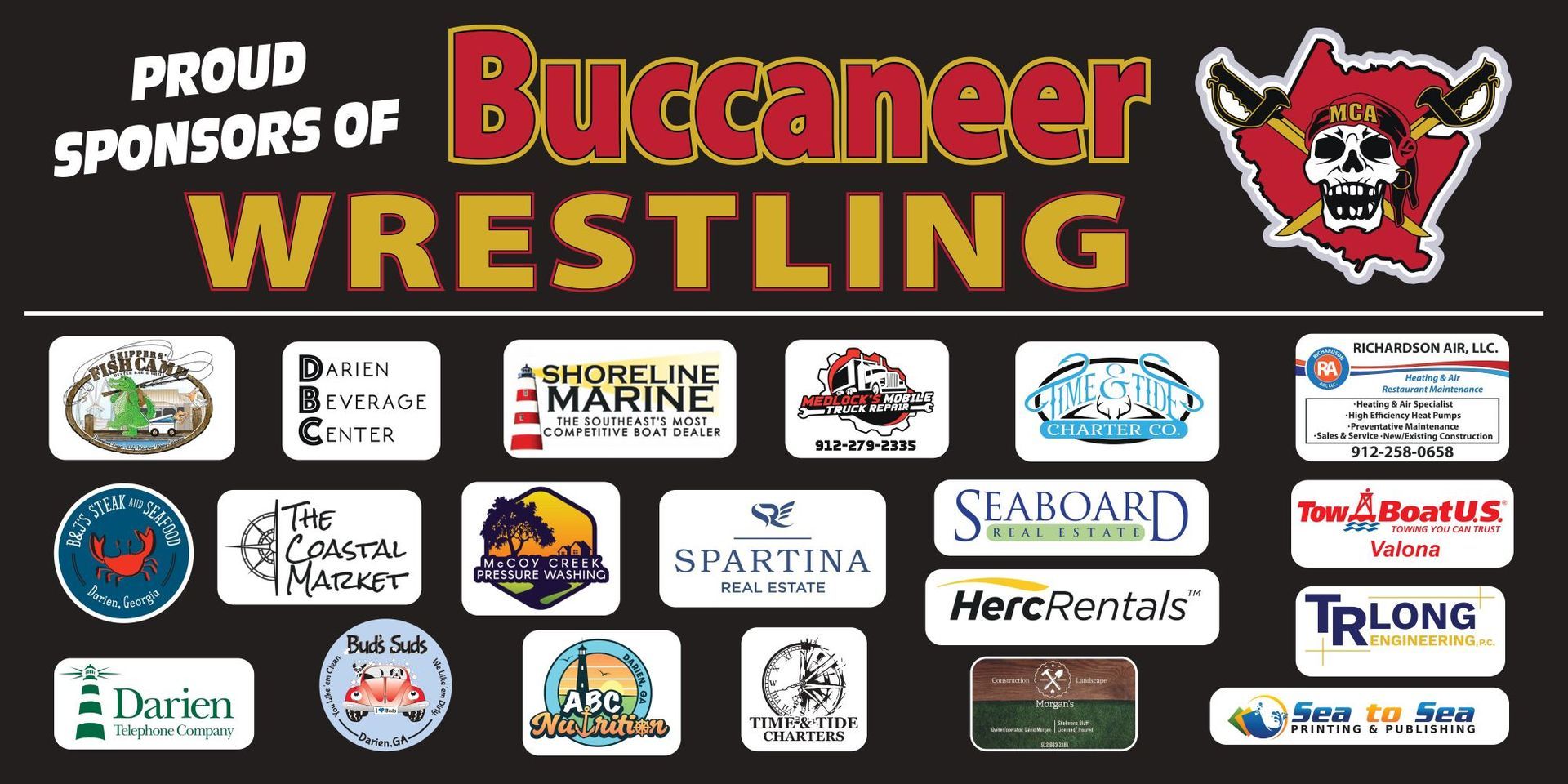 a poster for buccaneer wrestling with many logos on it
