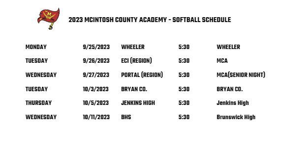 a schedule for the mountech county academy softball team
