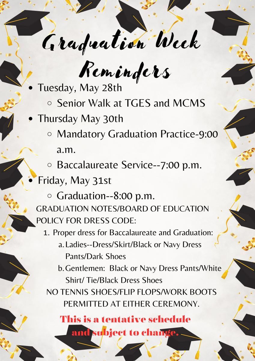 a poster for graduation week reminders with graduation caps and gold confetti .