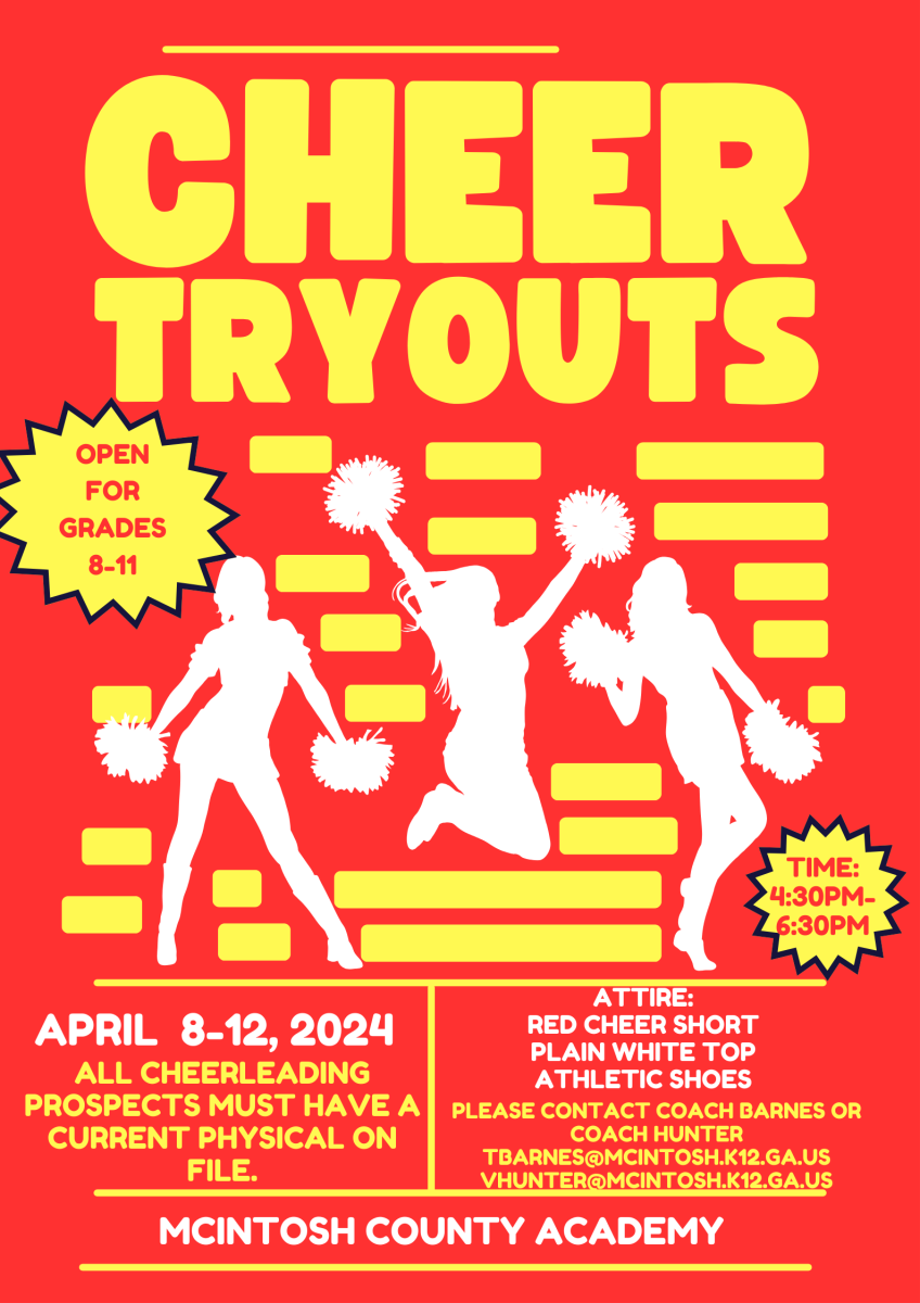 A cheer tryouts flyer for mcintosh county academy