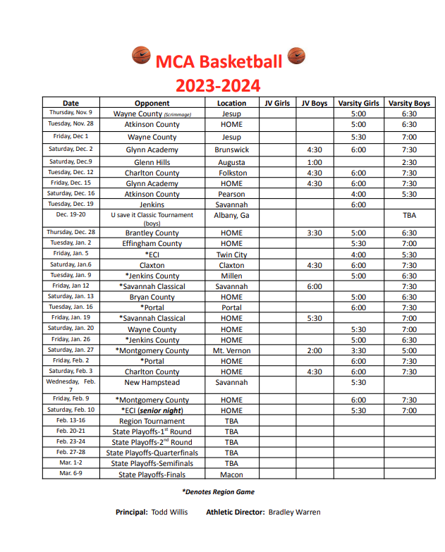 a basketball schedule for the mca basketball team for the 2023-2024 season