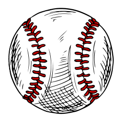 a black and white drawing of a baseball with red stitching .