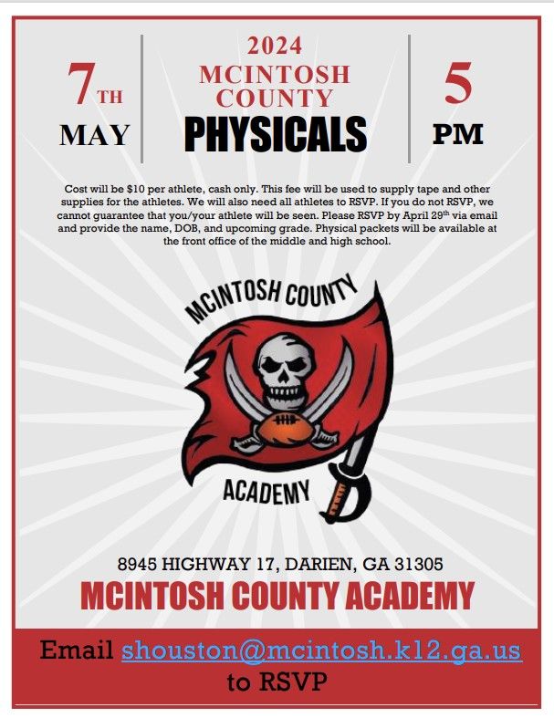 A poster for mcintosh county physicals on may 7th