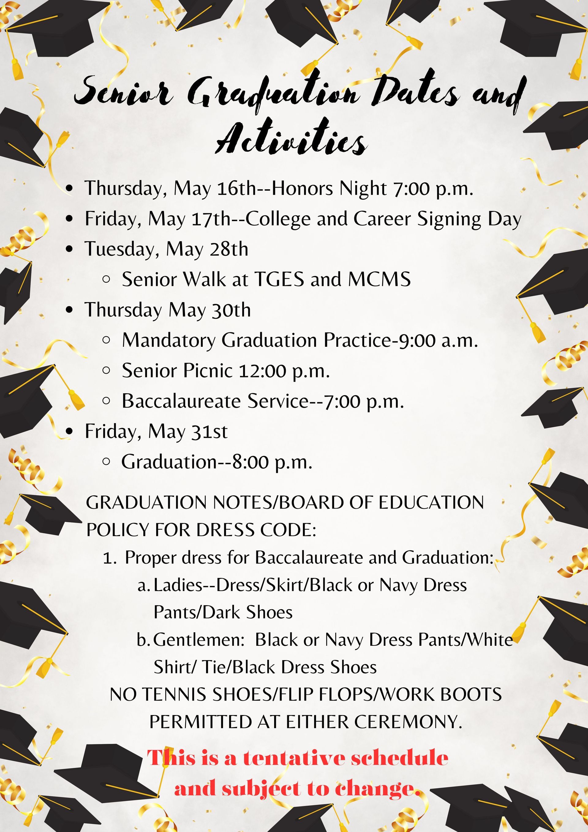 a poster for graduation week reminders with graduation caps and gold confetti .