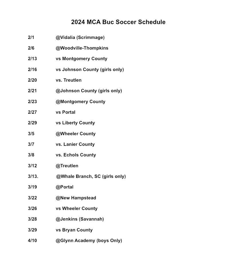 a soccer schedule for the 2024 mca bus soccer season .