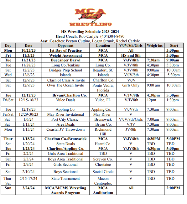 a wrestling schedule for the mca wrestling team