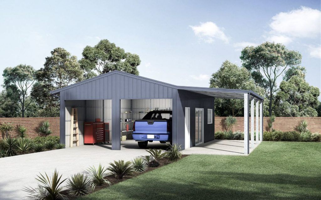 Blue Truck Is Parked Inside Shed — Clearspan Builders In Queanbeyan East, NSW