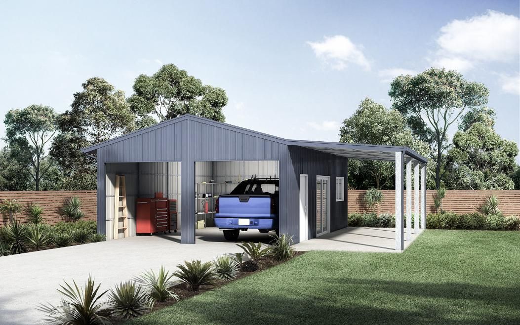 A Blue Truck Is Parked in A Garage with A Canopy — Clearspan Builders In Queanbeyan East, NSW