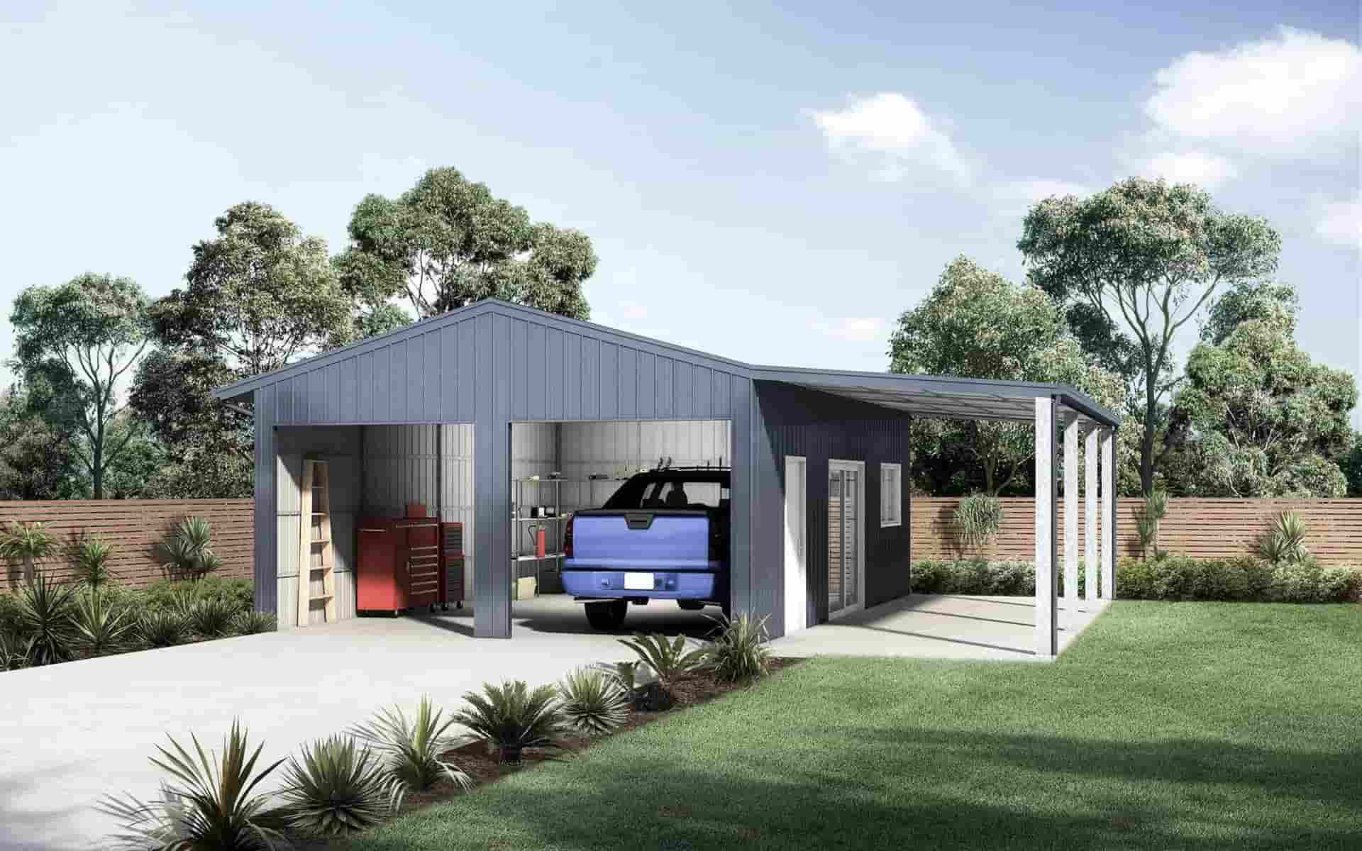 A House with two Garage Doors and a Car Parked In The Garage With A Driveway — Clearspan Builders In Queanbeyan East, NSW