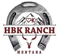 The logo for hbk ranch montana has a horseshoe and a bull skull.