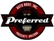 Logo for Preferred Auto Body in Prescott, Arizona, featuring a red and black circular design with the word 