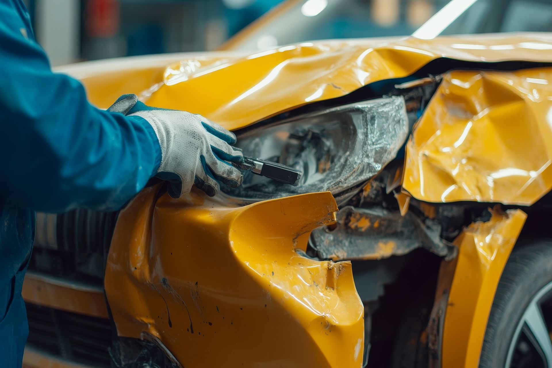 Mechanic inspecting a severely damaged yellow car in a repair shop.