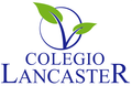 Logotipo del Colegio Lancaster: c&iacute;rculo azul con hojas verdes en la parte superior, texto azul debajo.