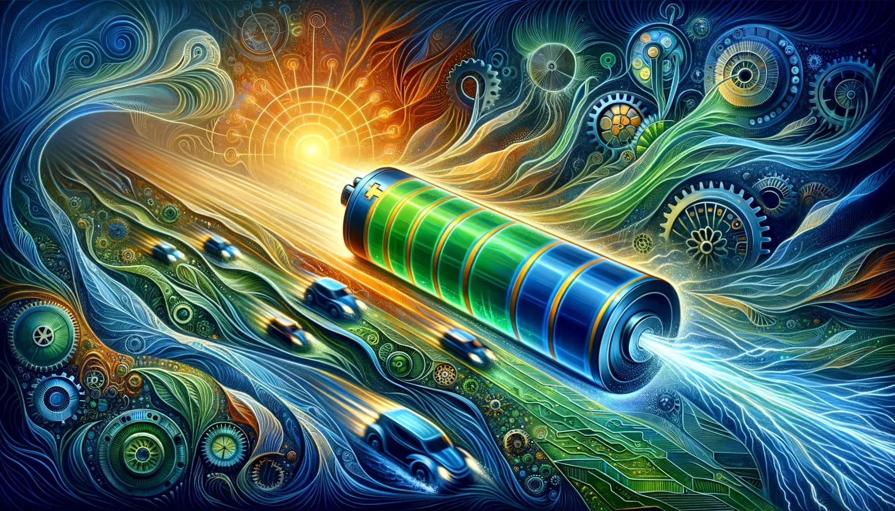 Glowing battery powering electric cars, with energy flowing through gears and a bright sunburst.