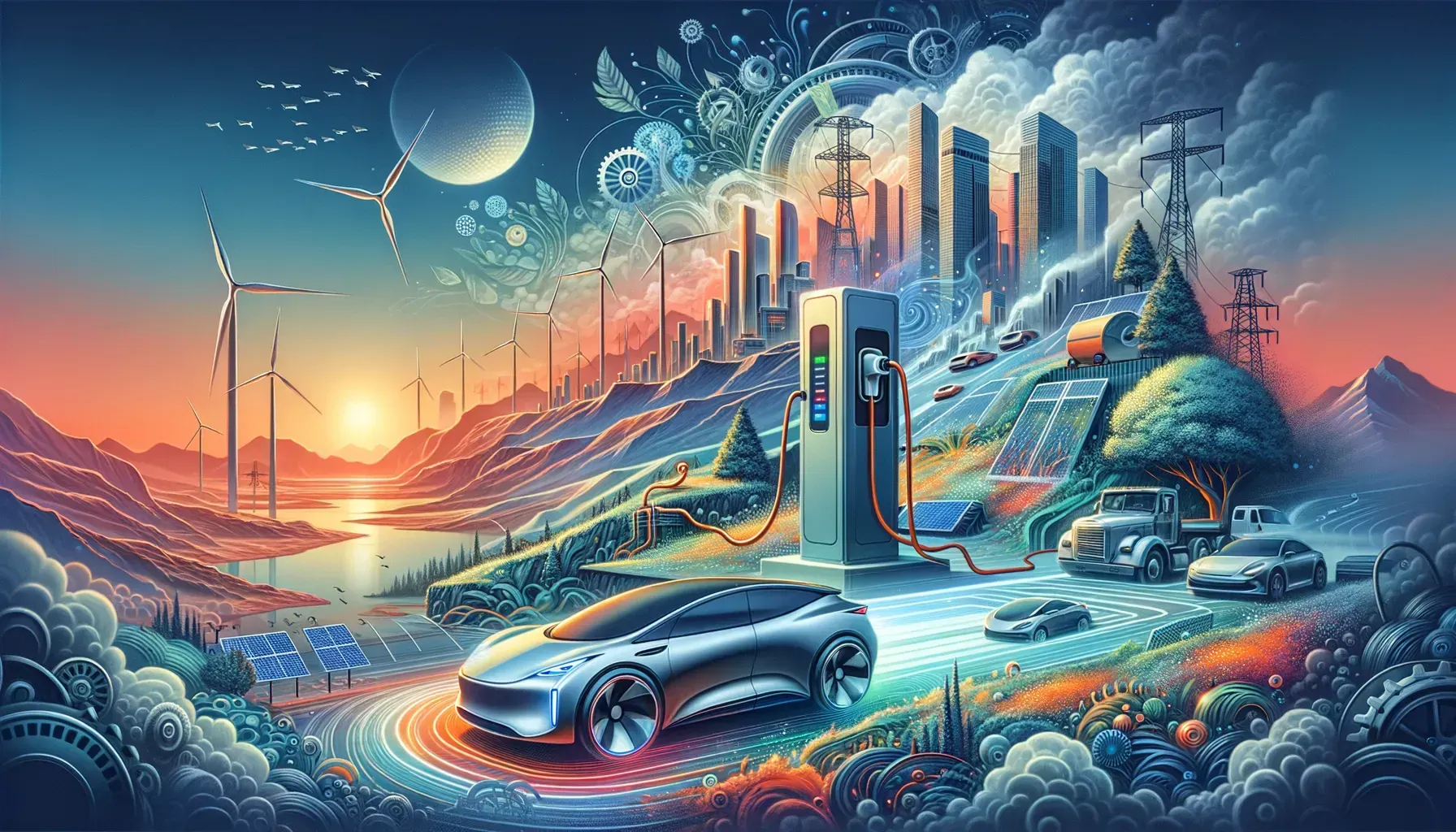 Electric car charging, showcasing sustainable city with solar panels, wind turbines, and vibrant sunset over water.