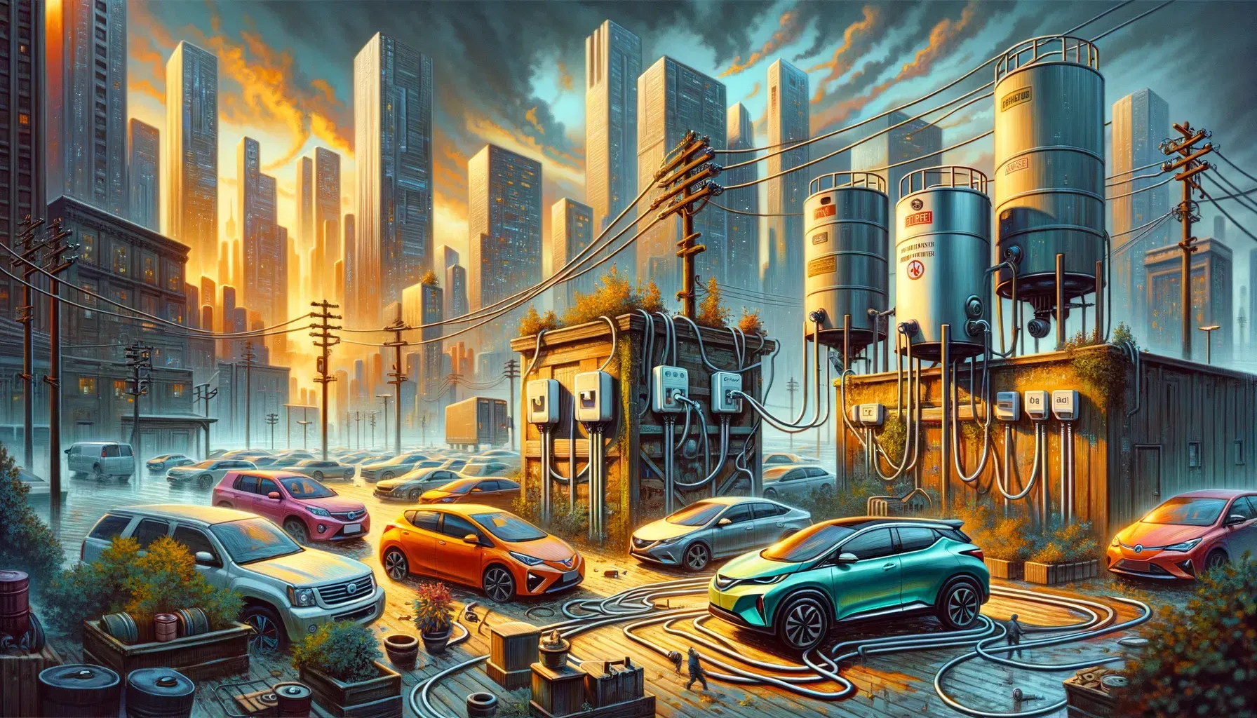 Cityscape with cars, power equipment, skyscrapers. Sunset colors: orange, blue. Worn infrastructure, overgrown vegetation.