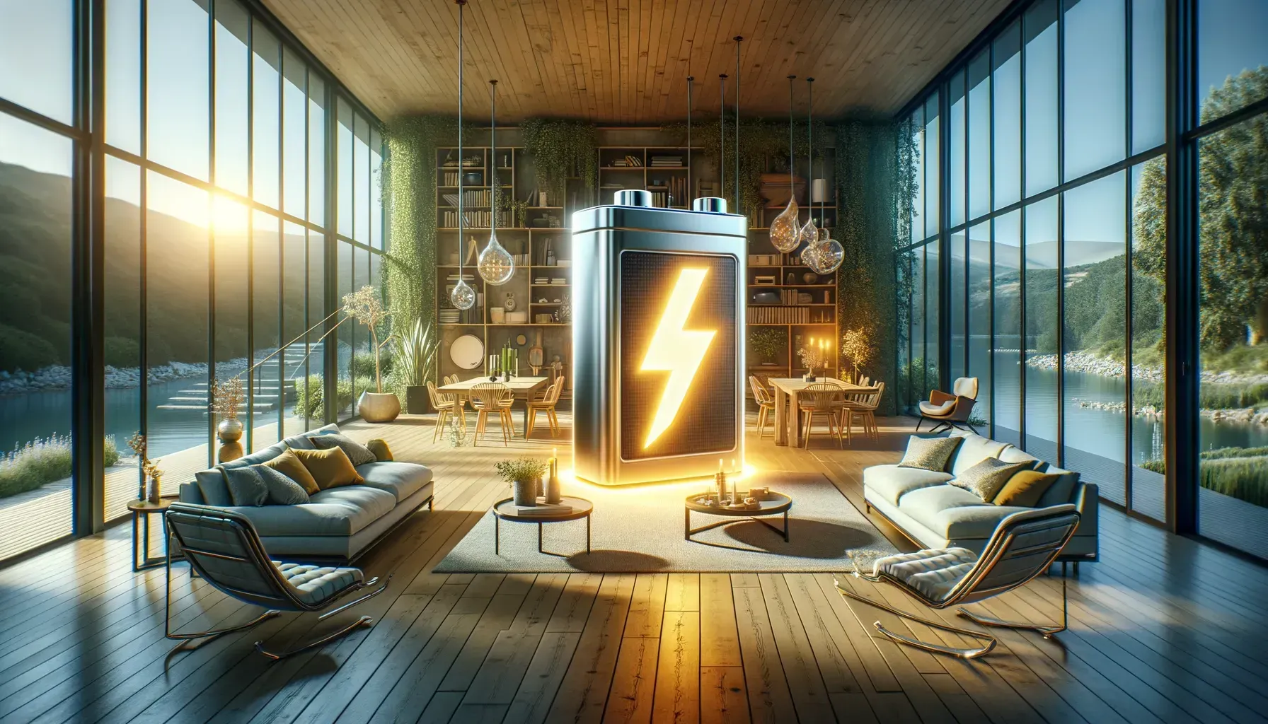 A large, glowing battery inside a modern home with large windows overlooking a lake at sunset.