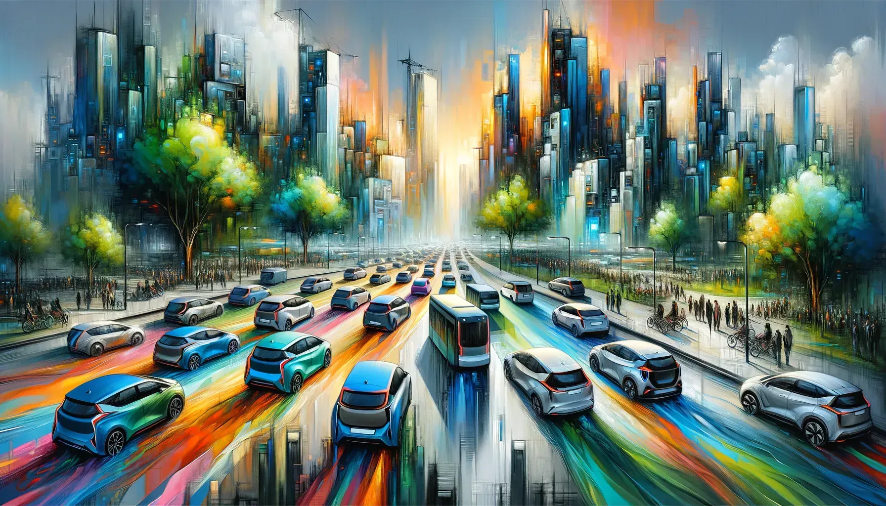 Colorful cityscape with cars on a highway, trees, and pedestrians under a bright sky.